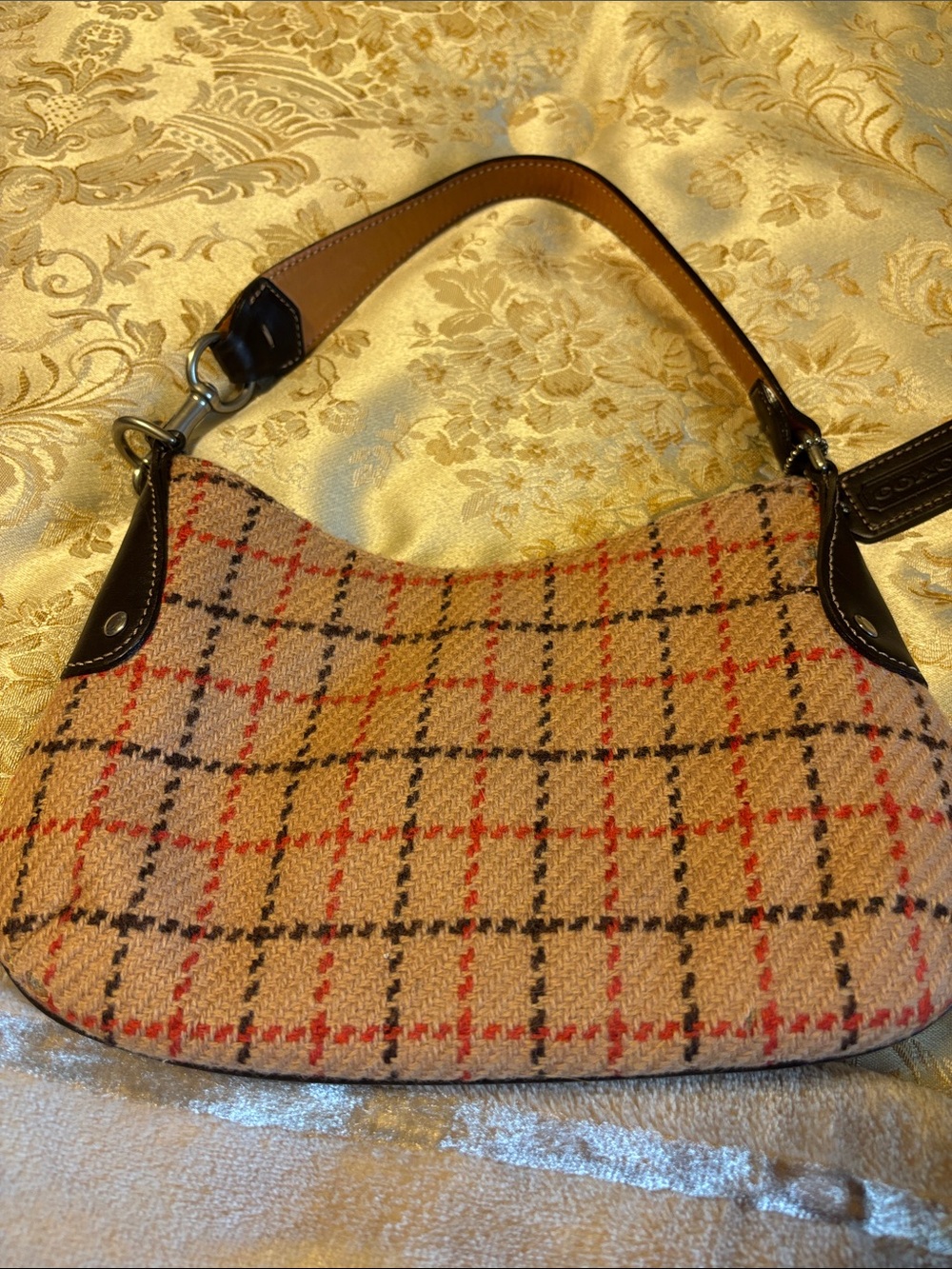 Coach Plaid Shoulder Bag in Tan, Black & Red